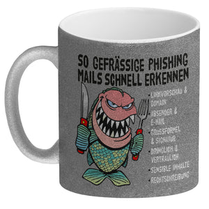 Kaffeebecher zum Thema Phishing Mails erkennen mit Fisch Motiv