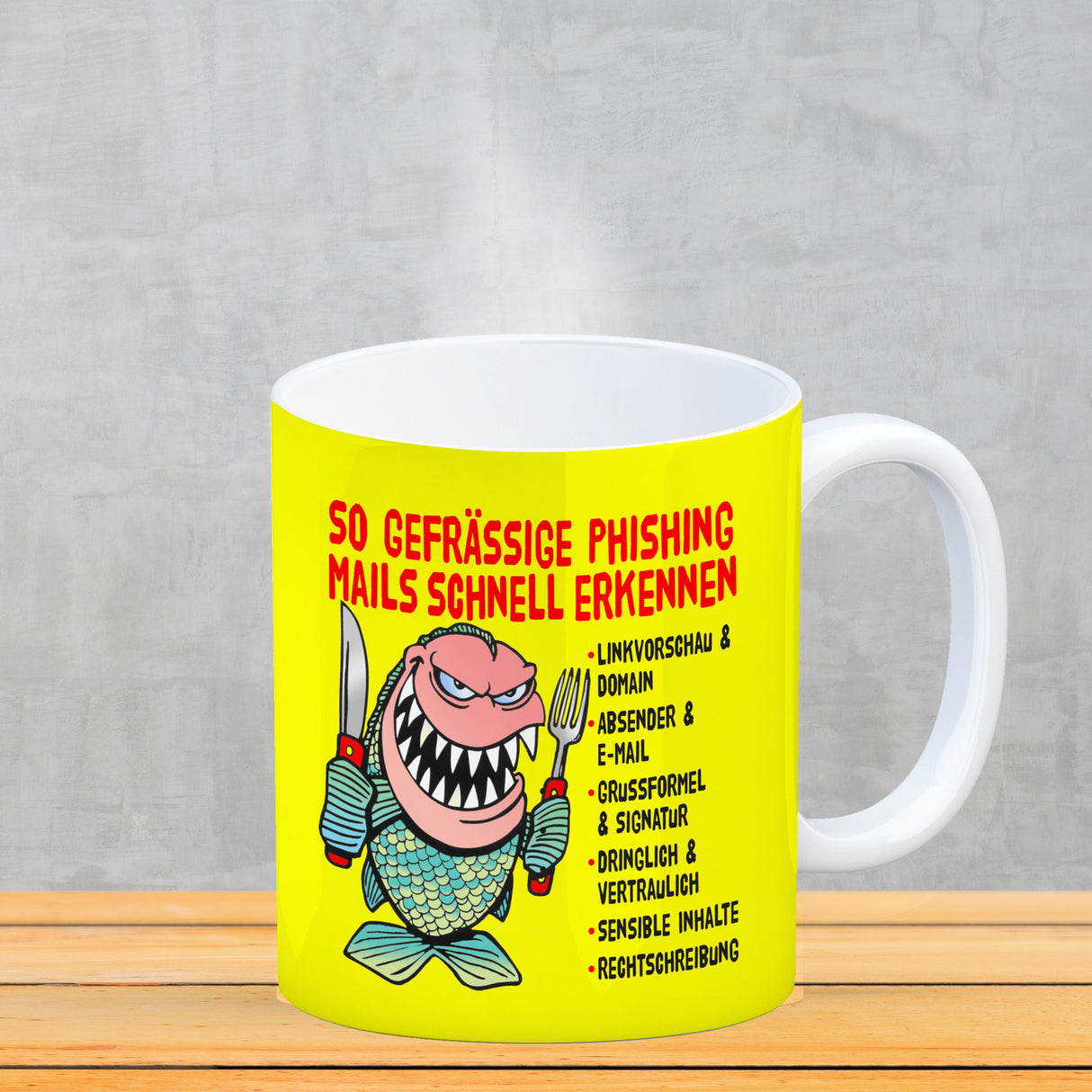 Kaffeebecher zum Thema Phishing Mails erkennen mit Fisch Motiv