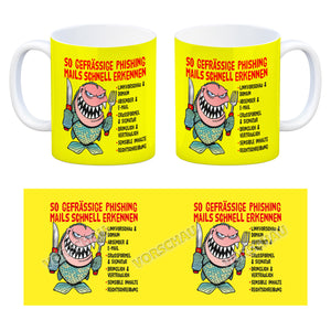 Kaffeebecher zum Thema Phishing Mails erkennen mit Fisch Motiv