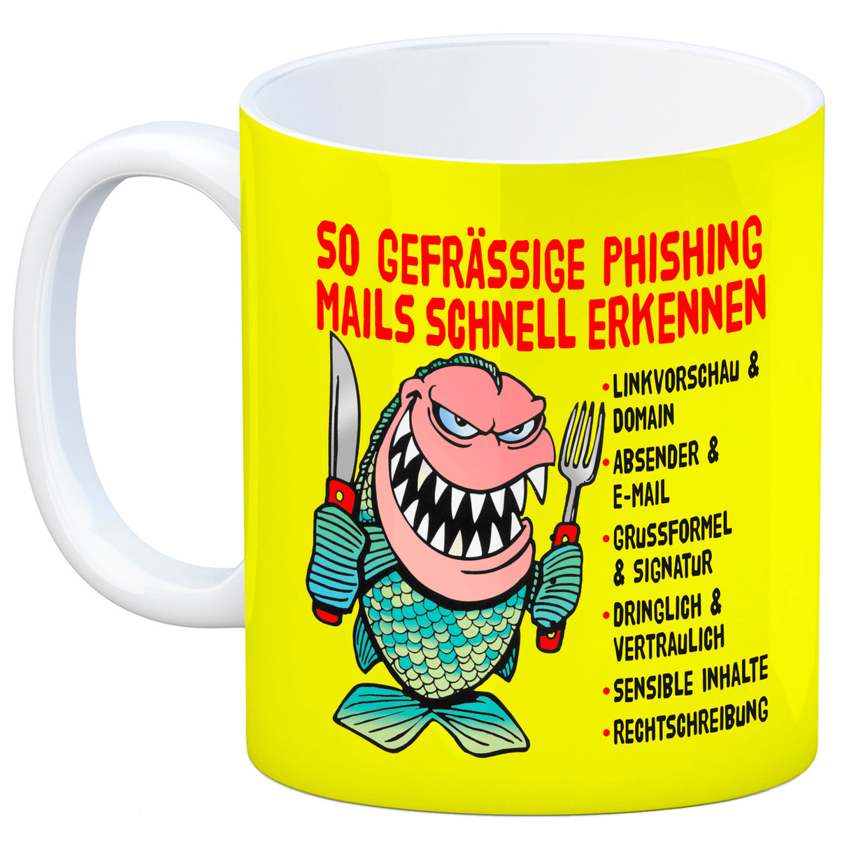 Kaffeebecher zum Thema Phishing Mails erkennen mit Fisch Motiv