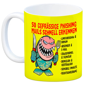 Kaffeebecher zum Thema Phishing Mails erkennen mit Fisch Motiv