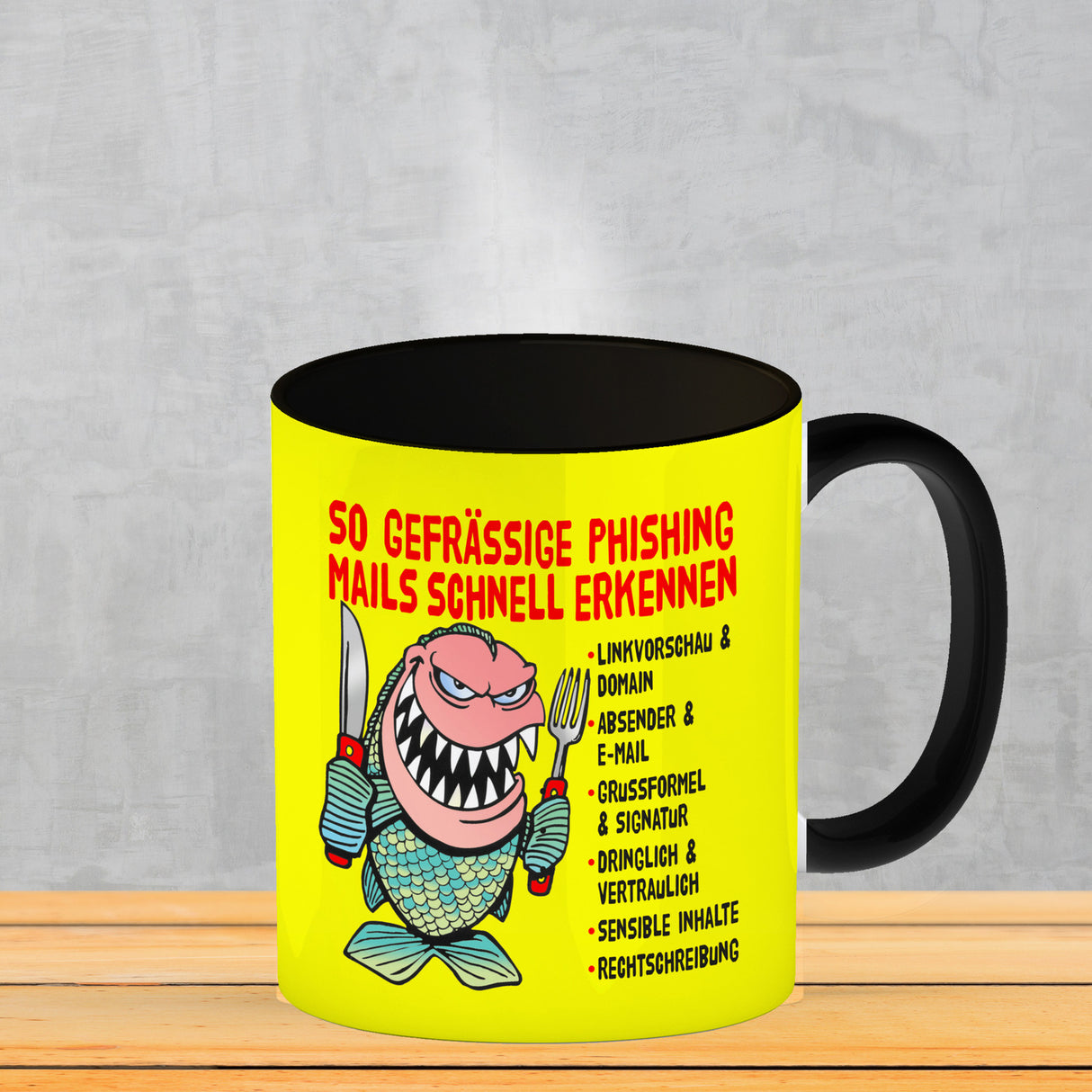 Kaffeebecher zum Thema Phishing Mails erkennen mit Fisch Motiv