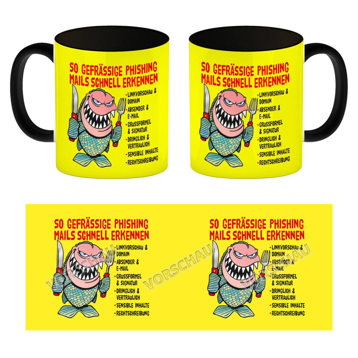 Kaffeebecher zum Thema Phishing Mails erkennen mit Fisch Motiv