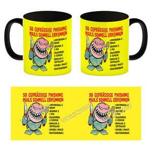 Kaffeebecher zum Thema Phishing Mails erkennen mit Fisch Motiv