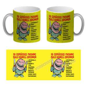 Kaffeebecher zum Thema Phishing Mails erkennen mit Fisch Motiv