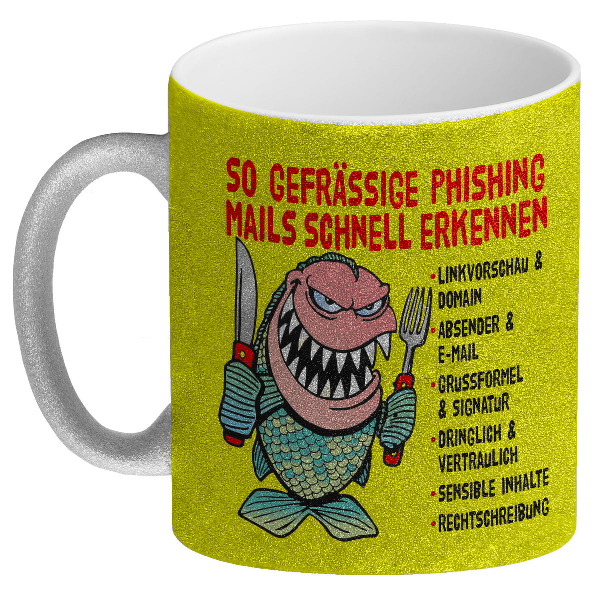 Kaffeebecher zum Thema Phishing Mails erkennen mit Fisch Motiv