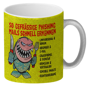 Kaffeebecher zum Thema Phishing Mails erkennen mit Fisch Motiv