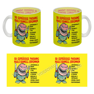 Kaffeebecher zum Thema Phishing Mails erkennen mit Fisch Motiv