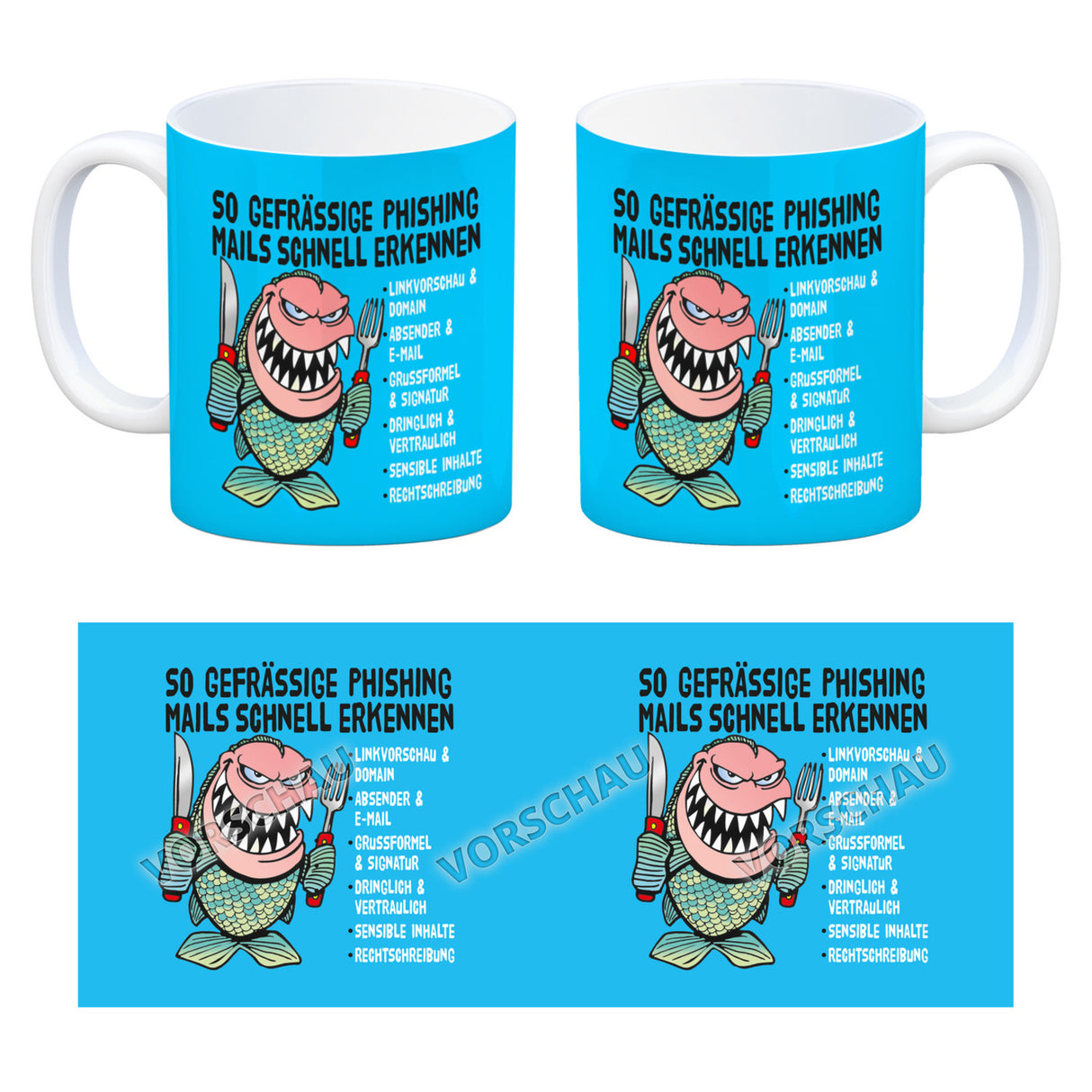 Kaffeebecher zum Thema Phishing Mails erkennen mit Fisch Motiv
