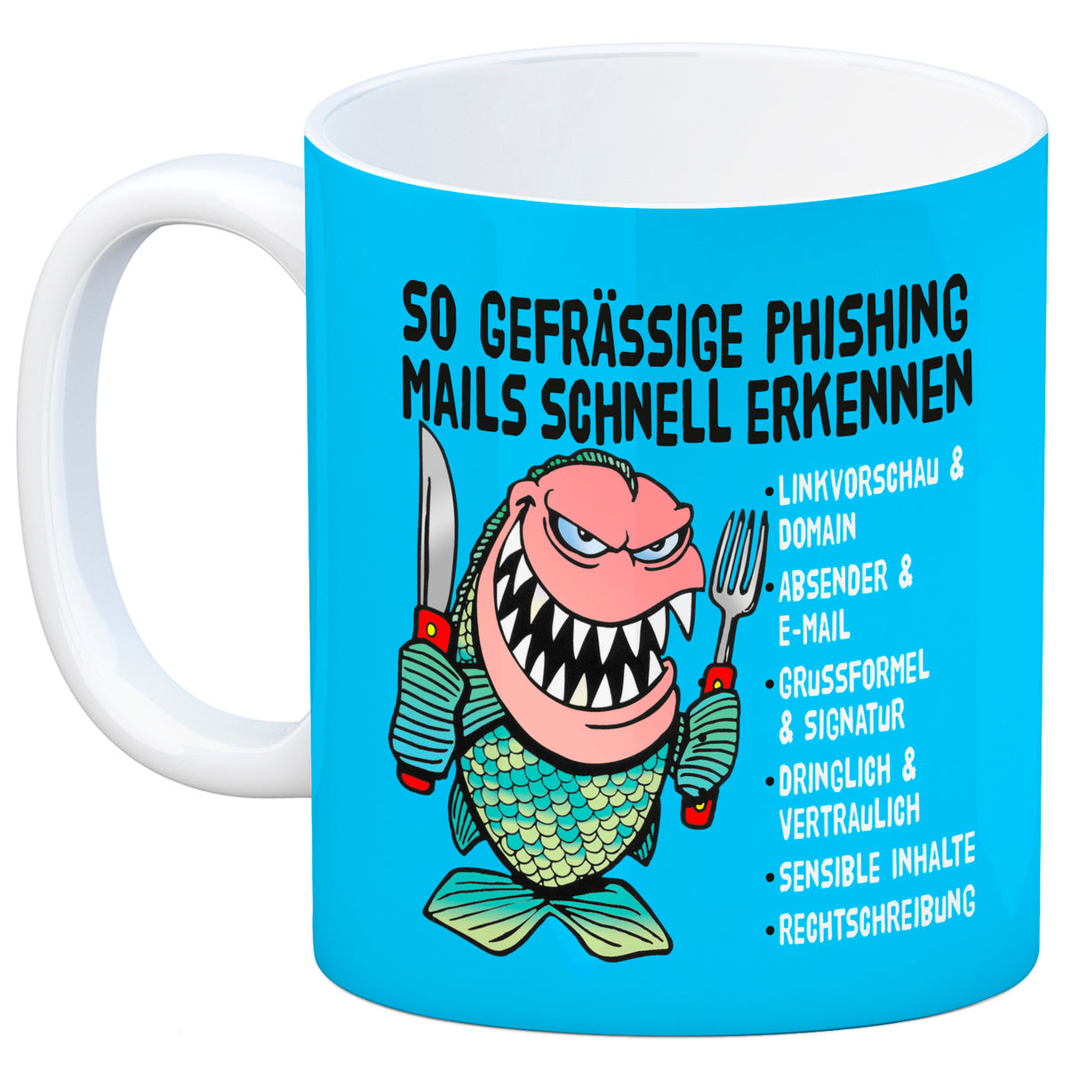 Kaffeebecher zum Thema Phishing Mails erkennen mit Fisch Motiv
