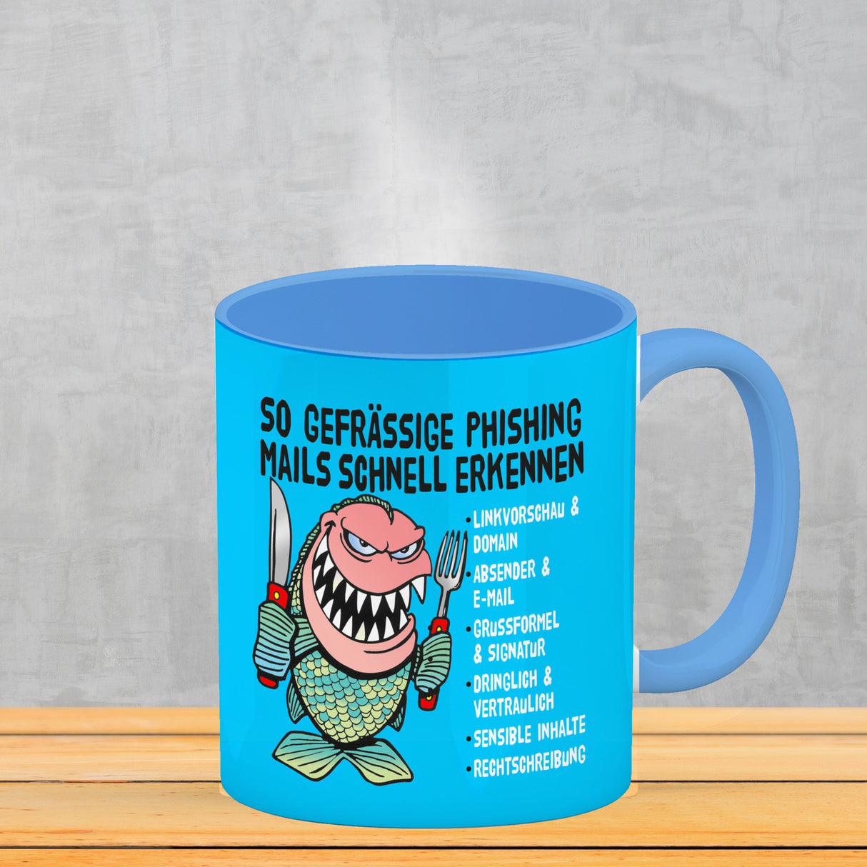 Kaffeebecher zum Thema Phishing Mails erkennen mit Fisch Motiv