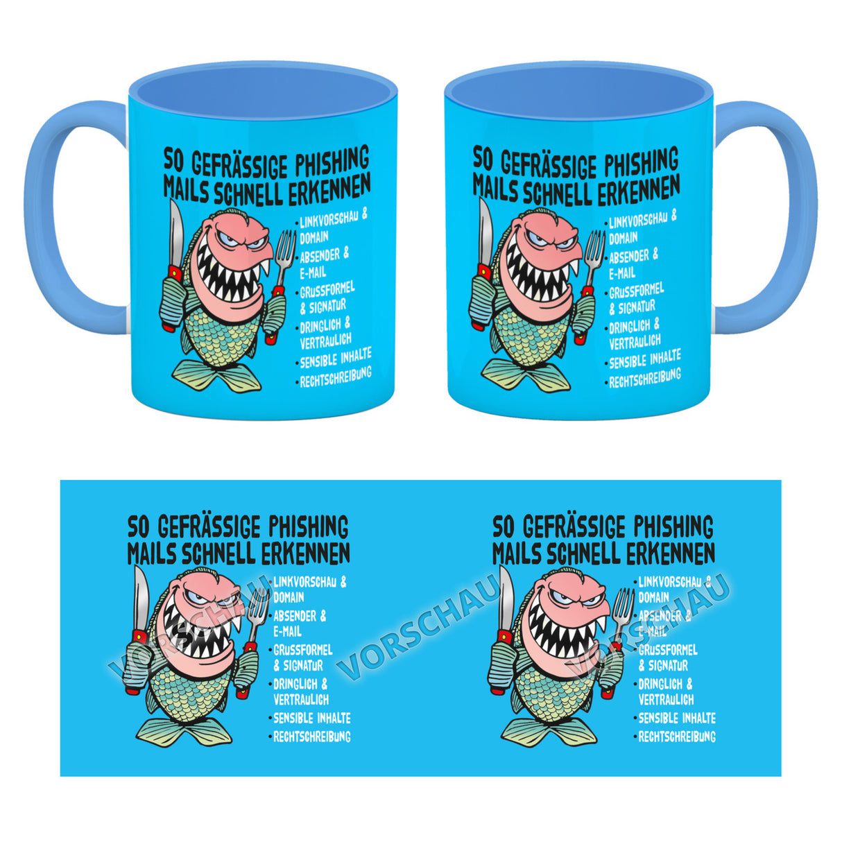 Kaffeebecher zum Thema Phishing Mails erkennen mit Fisch Motiv