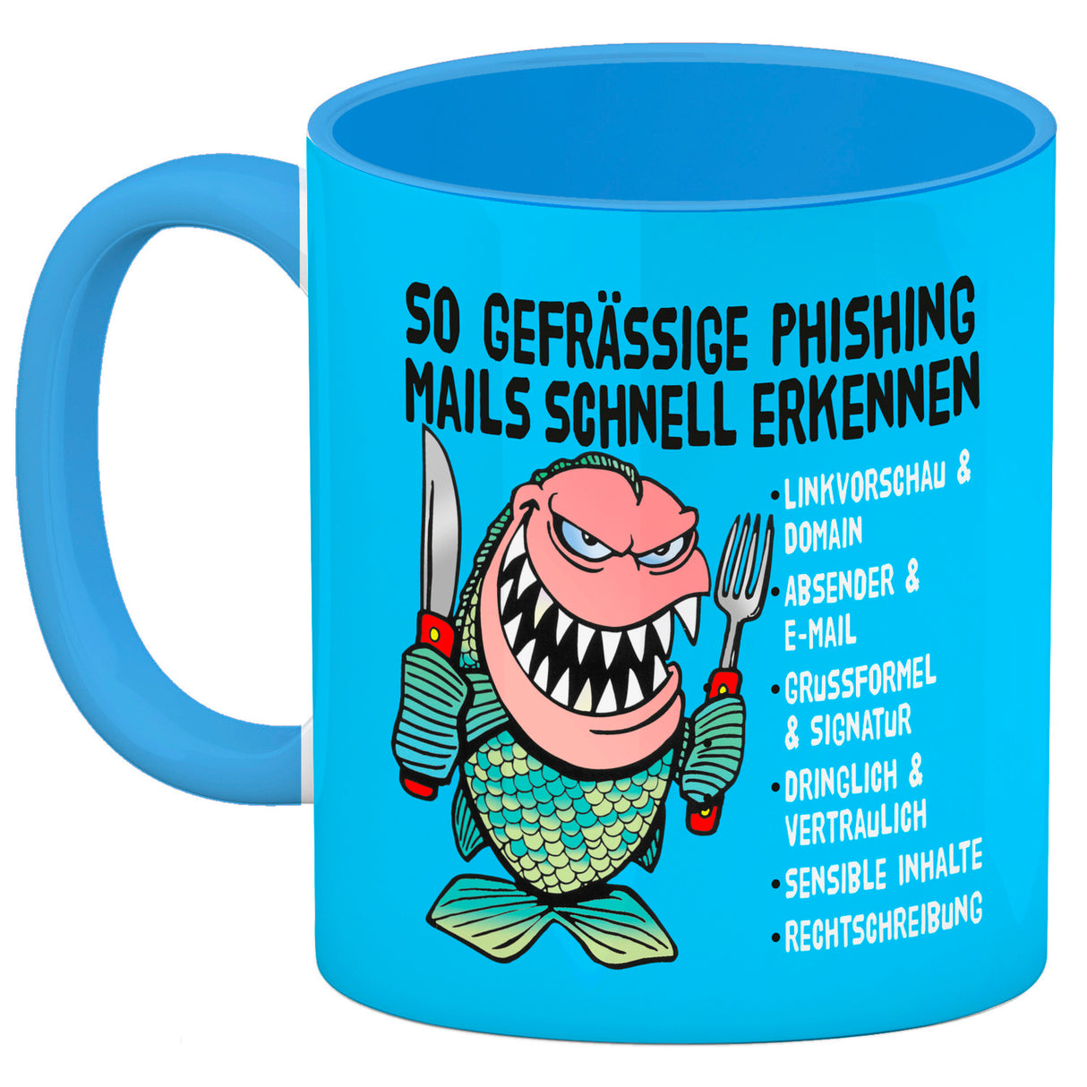 Kaffeebecher zum Thema Phishing Mails erkennen mit Fisch Motiv
