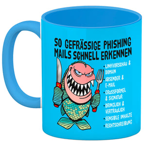 Kaffeebecher zum Thema Phishing Mails erkennen mit Fisch Motiv