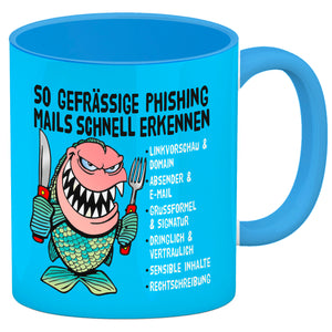 Kaffeebecher zum Thema Phishing Mails erkennen mit Fisch Motiv