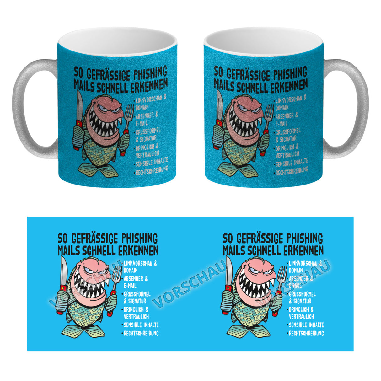 Kaffeebecher zum Thema Phishing Mails erkennen mit Fisch Motiv
