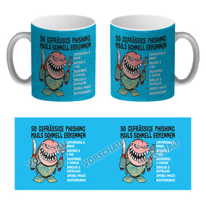 Kaffeebecher zum Thema Phishing Mails erkennen mit Fisch Motiv