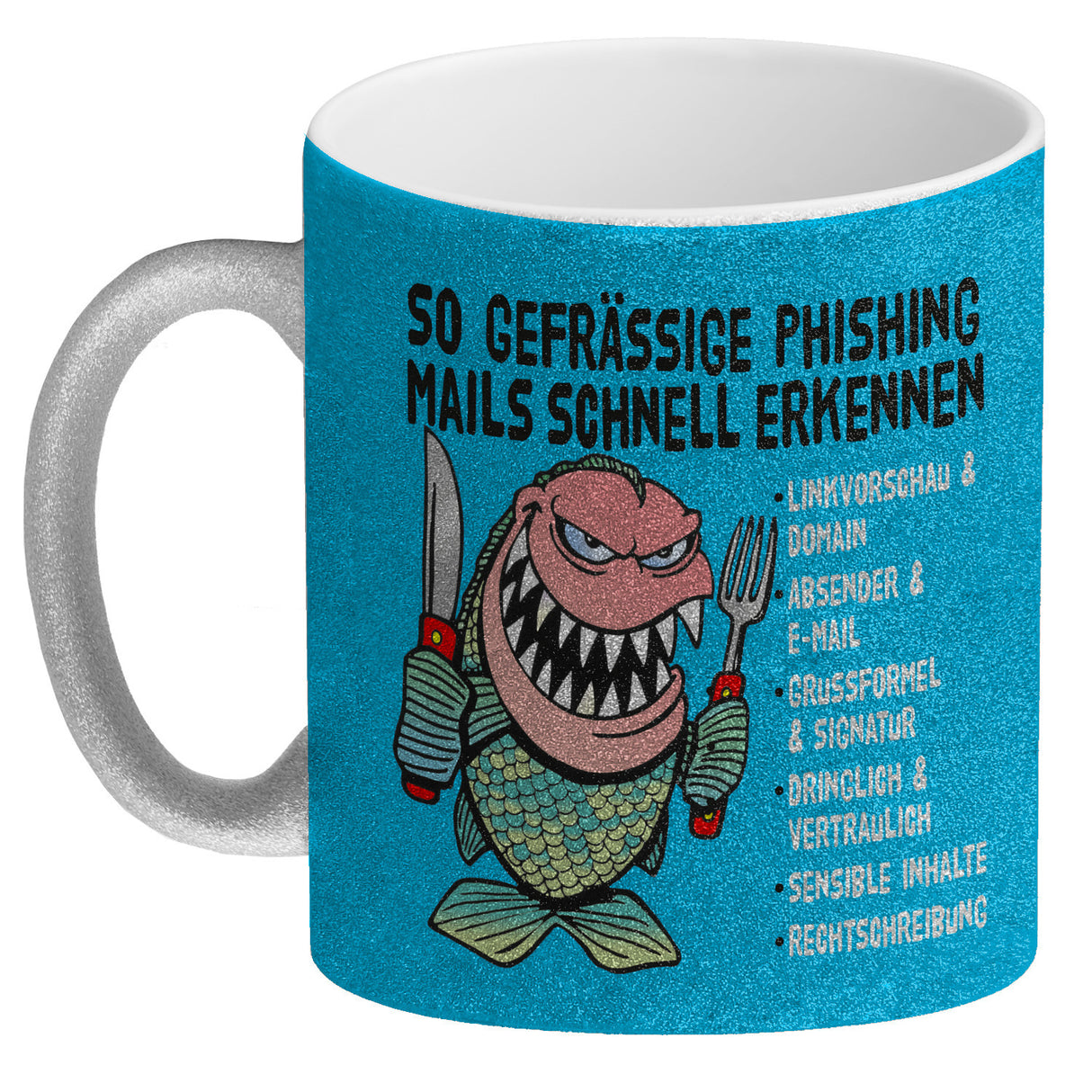 Kaffeebecher zum Thema Phishing Mails erkennen mit Fisch Motiv
