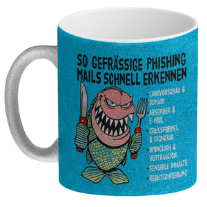 Kaffeebecher zum Thema Phishing Mails erkennen mit Fisch Motiv