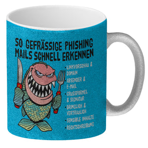 Kaffeebecher zum Thema Phishing Mails erkennen mit Fisch Motiv