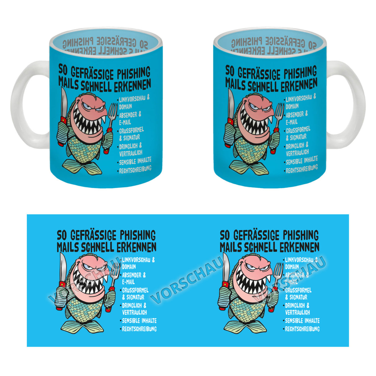 Kaffeebecher zum Thema Phishing Mails erkennen mit Fisch Motiv