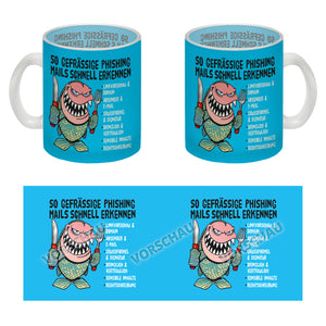 Kaffeebecher zum Thema Phishing Mails erkennen mit Fisch Motiv