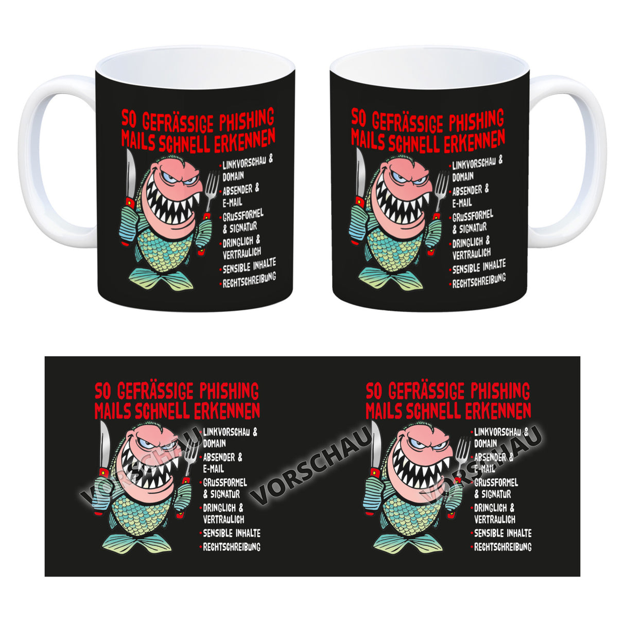 Kaffeebecher zum Thema Phishing Mails erkennen mit Fisch Motiv