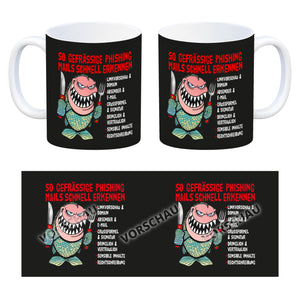 Kaffeebecher zum Thema Phishing Mails erkennen mit Fisch Motiv