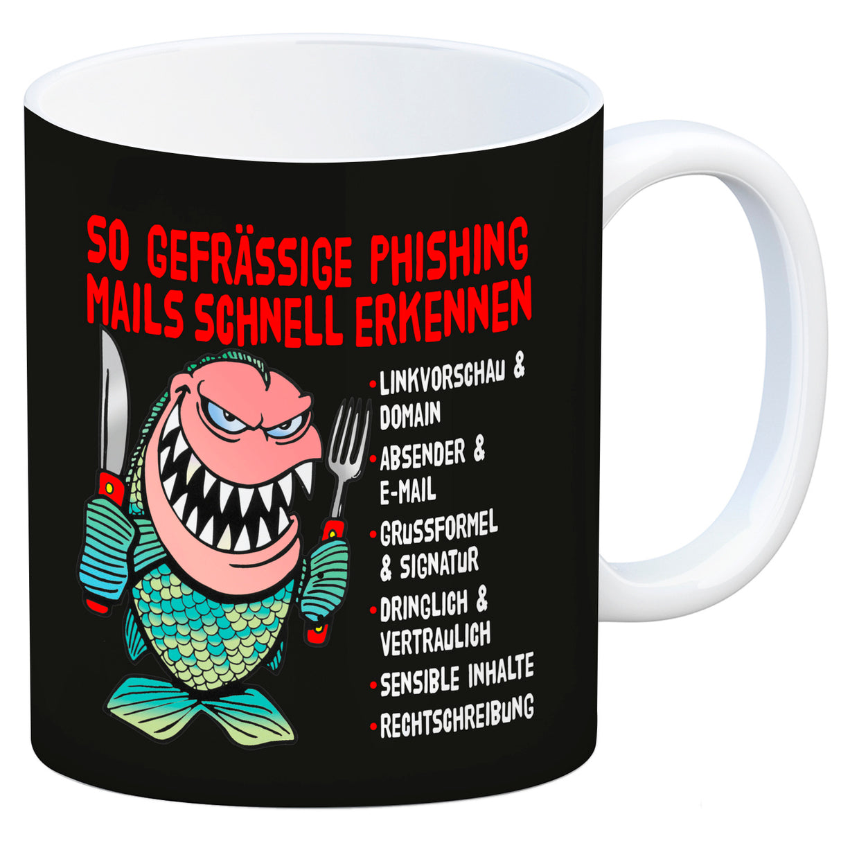 Kaffeebecher zum Thema Phishing Mails erkennen mit Fisch Motiv
