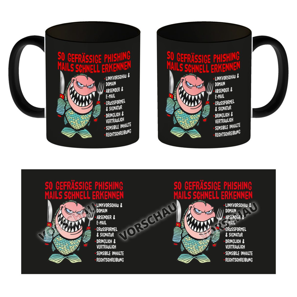 Kaffeebecher zum Thema Phishing Mails erkennen mit Fisch Motiv