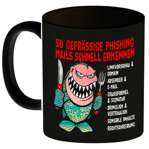 Kaffeebecher zum Thema Phishing Mails erkennen mit Fisch Motiv