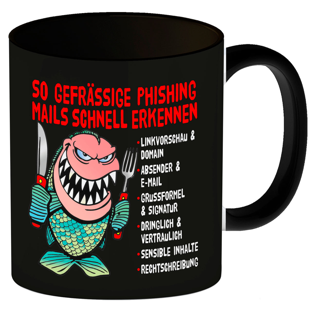 Kaffeebecher zum Thema Phishing Mails erkennen mit Fisch Motiv