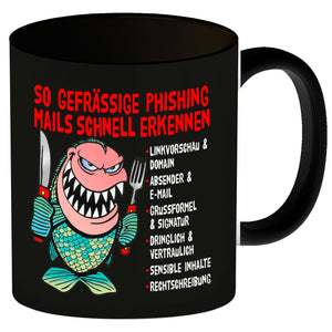 Kaffeebecher zum Thema Phishing Mails erkennen mit Fisch Motiv