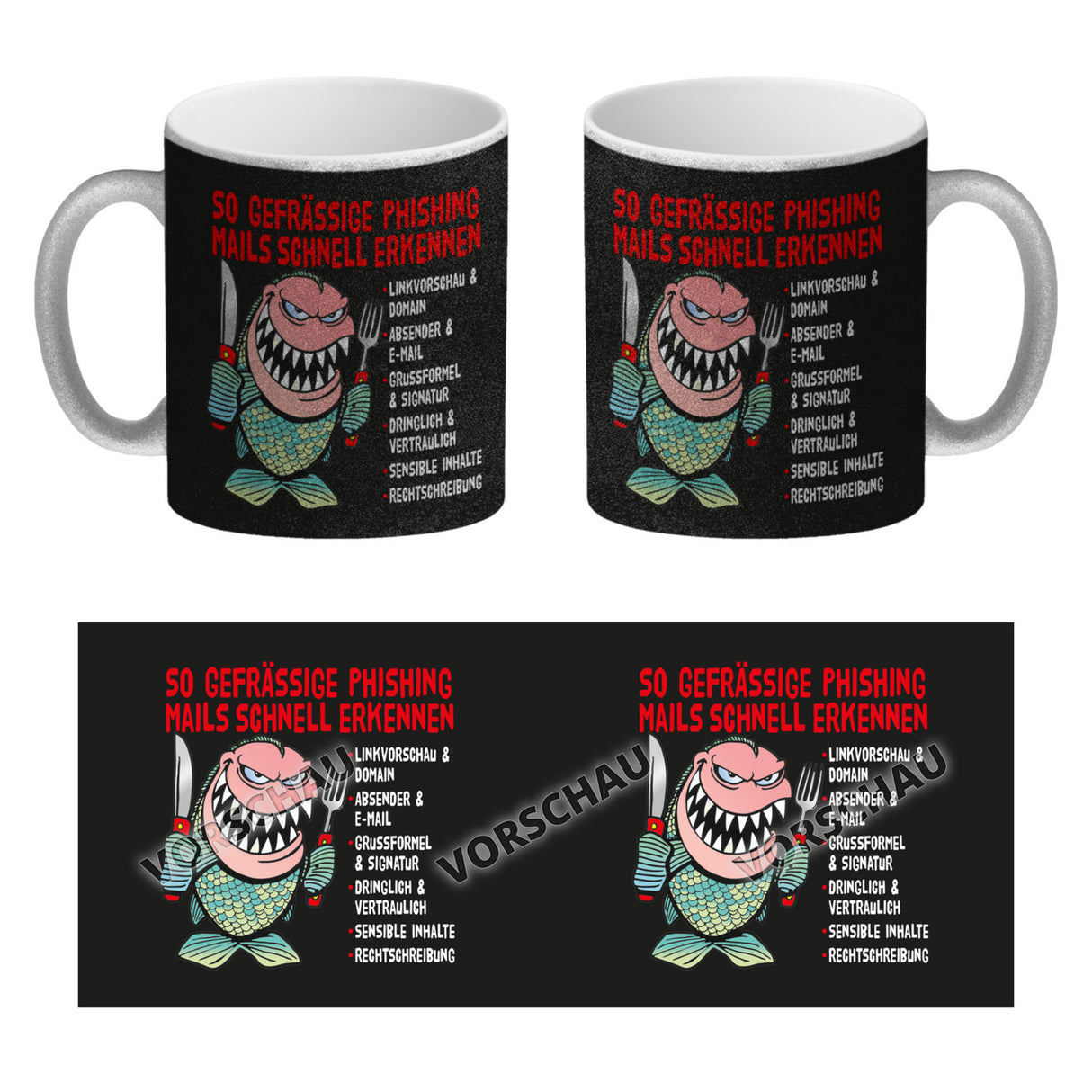 Kaffeebecher zum Thema Phishing Mails erkennen mit Fisch Motiv