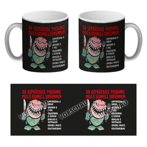 Kaffeebecher zum Thema Phishing Mails erkennen mit Fisch Motiv