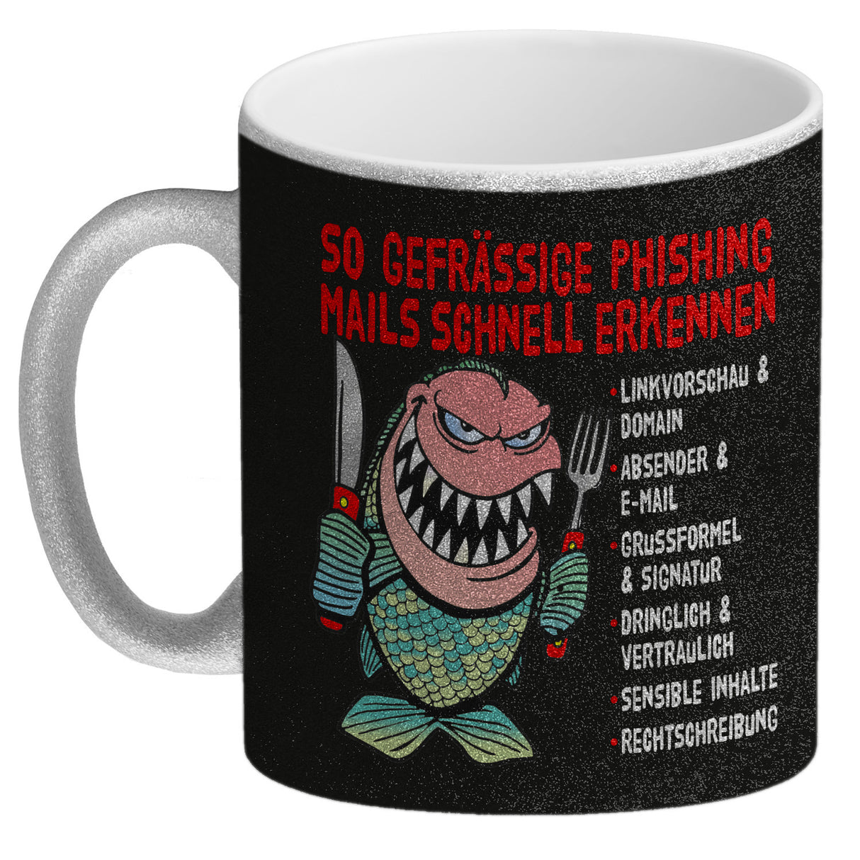 Kaffeebecher zum Thema Phishing Mails erkennen mit Fisch Motiv