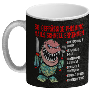 Kaffeebecher zum Thema Phishing Mails erkennen mit Fisch Motiv