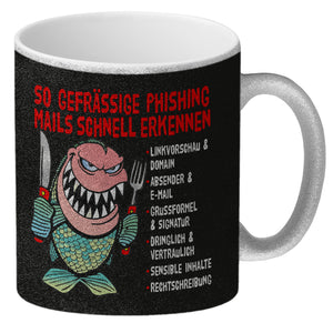 Kaffeebecher zum Thema Phishing Mails erkennen mit Fisch Motiv