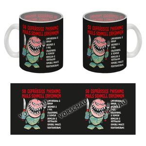 Kaffeebecher zum Thema Phishing Mails erkennen mit Fisch Motiv
