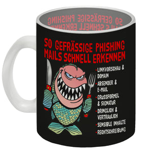 Kaffeebecher zum Thema Phishing Mails erkennen mit Fisch Motiv