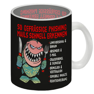 Kaffeebecher zum Thema Phishing Mails erkennen mit Fisch Motiv