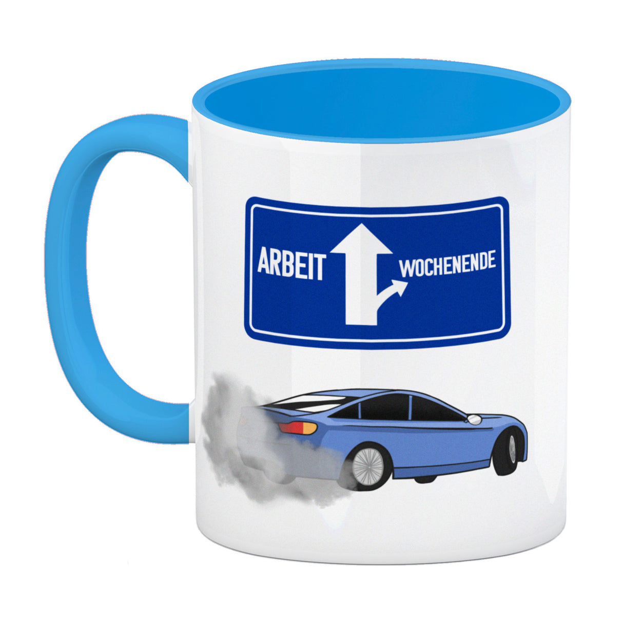 Arbeit oder Wochenende witziger Kaffeebecher mit driftendem Auto