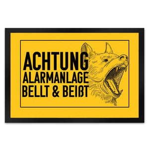 Achtung Alarmanlage bellt und beißt Fußmatte mit Hunde Motiv