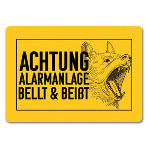 Achtung Alarmanlage bellt und beißt Fußmatte mit Hunde Motiv