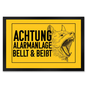 Achtung Alarmanlage bellt und beißt Fußmatte mit Hunde Motiv