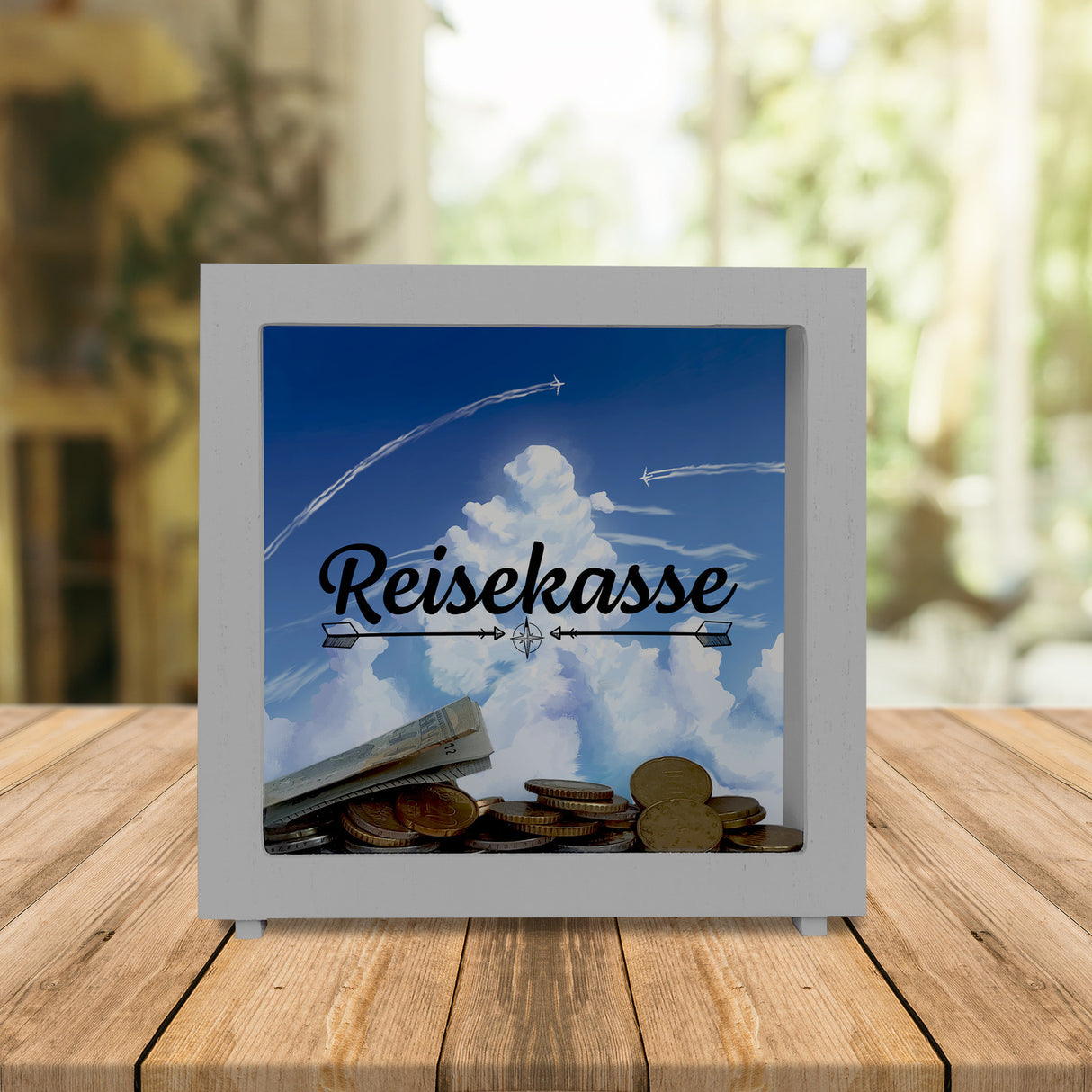 Reisekasse Spardose mit schönem Wolkenmotiv und Flugzeugen