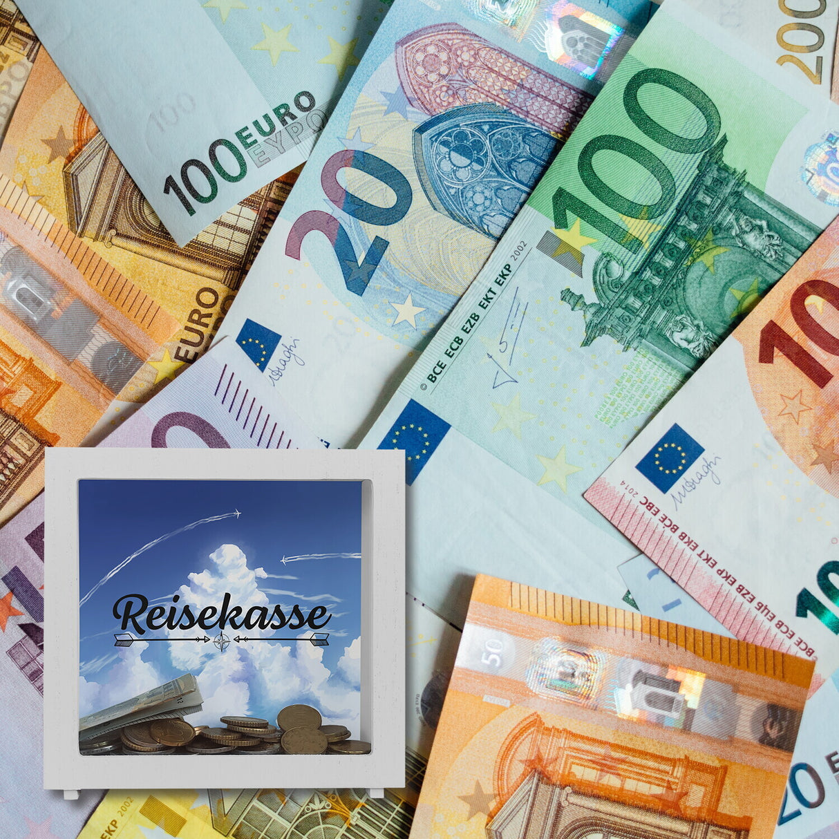 Reisekasse Spardose mit schönem Wolkenmotiv und Flugzeugen