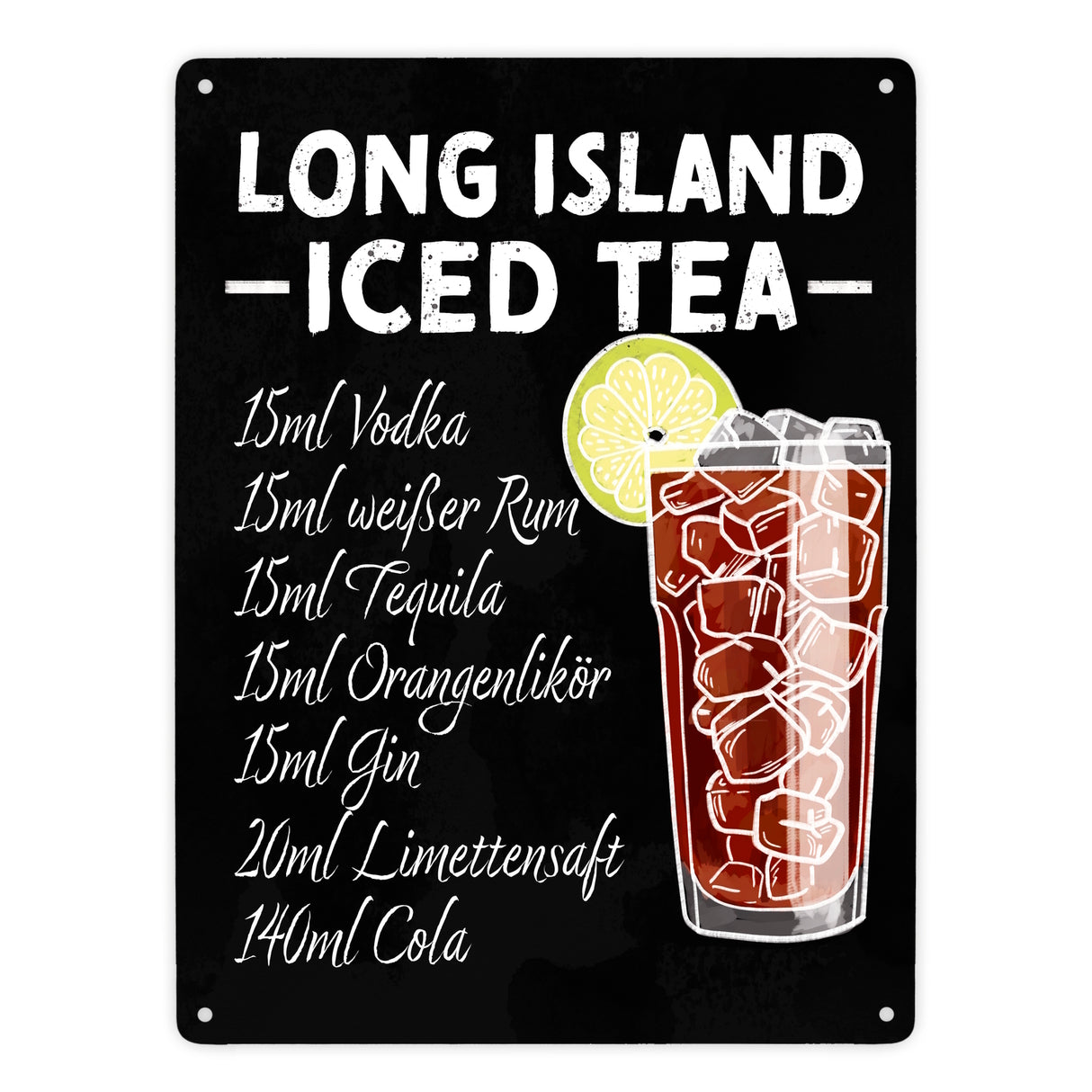 Metallschild mit Cocktailrezept für Long Island Iced Tea