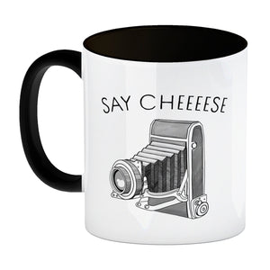 Say cheeeese Kaffeebecher für Fotografen mit Retro Kamera Motiv