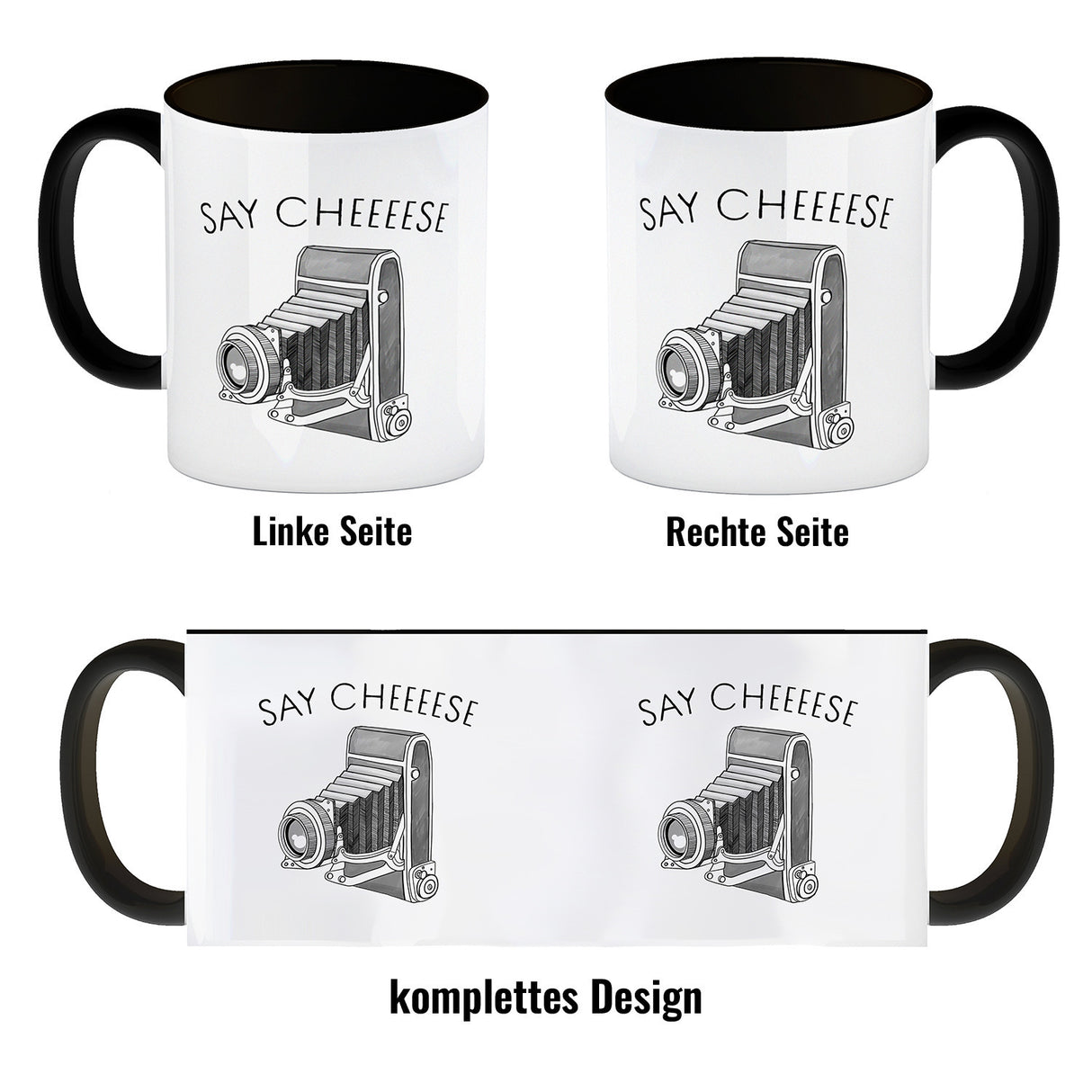 Say cheeeese Kaffeebecher für Fotografen mit Retro Kamera Motiv